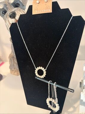Plunder Silver-Tone Necklace, bracelet and Earrings with Cream Beaded Circle